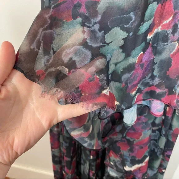 Badgley‎ Mischka Pleated Floral Gown Size 4 Gray Black Burgundy formal wedding